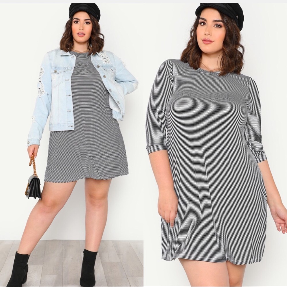Navy/White Striped, Fab Midi Dress w/Mid Sleeves
